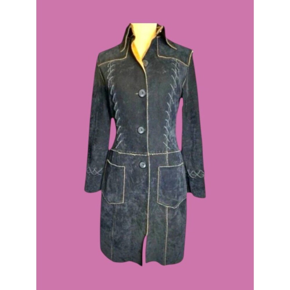 Pretty Black Embroidered Long Coat Jacket Women's Size 2